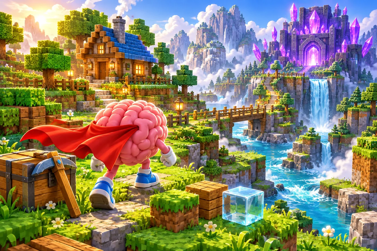 NUMBER SMASH Power Plains block-building world with a Brain Hero, mountains, trees and glowing math vault