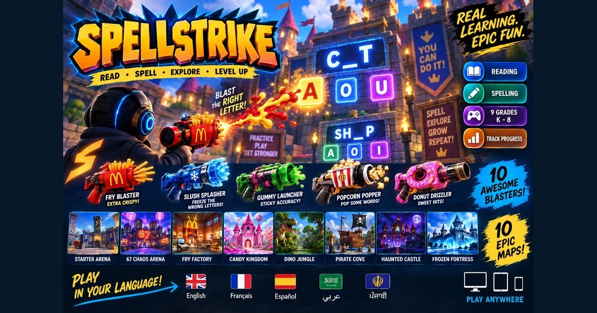 Actual Spellstrike promotional artwork showing a blaster and flying letter targets in a 3D arena